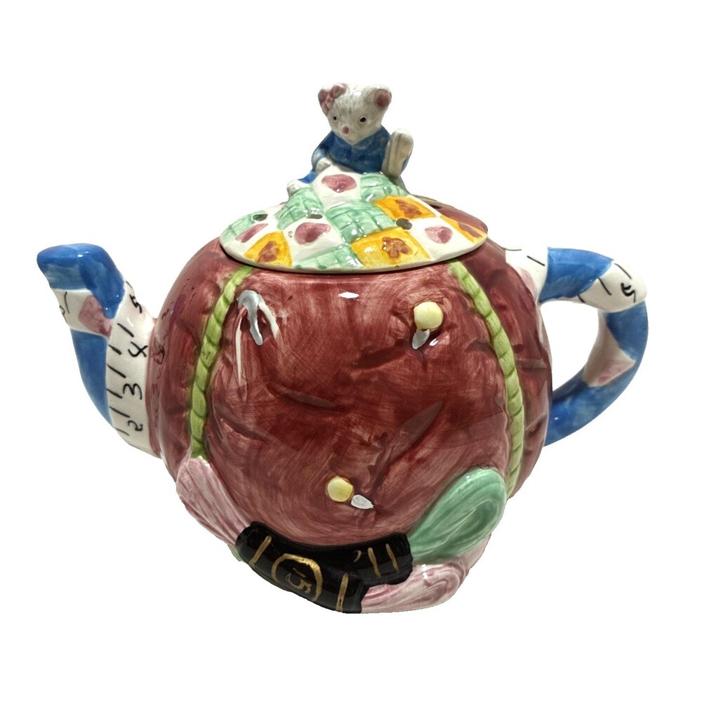 Vintage LEFTON China Tea Pot Ceramic Mouse Sewing Basket Theme - Hand Painted